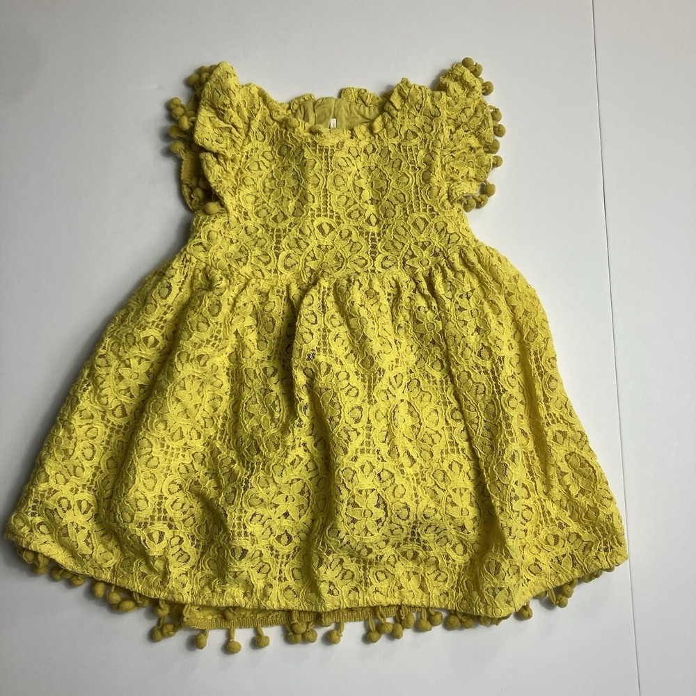2bunnies Yellow Lace Pompom Zip Back 12-18M Lined Dress